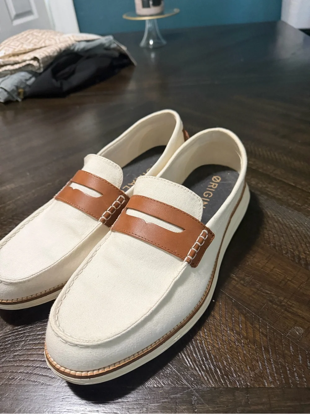 Cole Haan Cream Canvas Penny Loafers with Tan Leather Trim